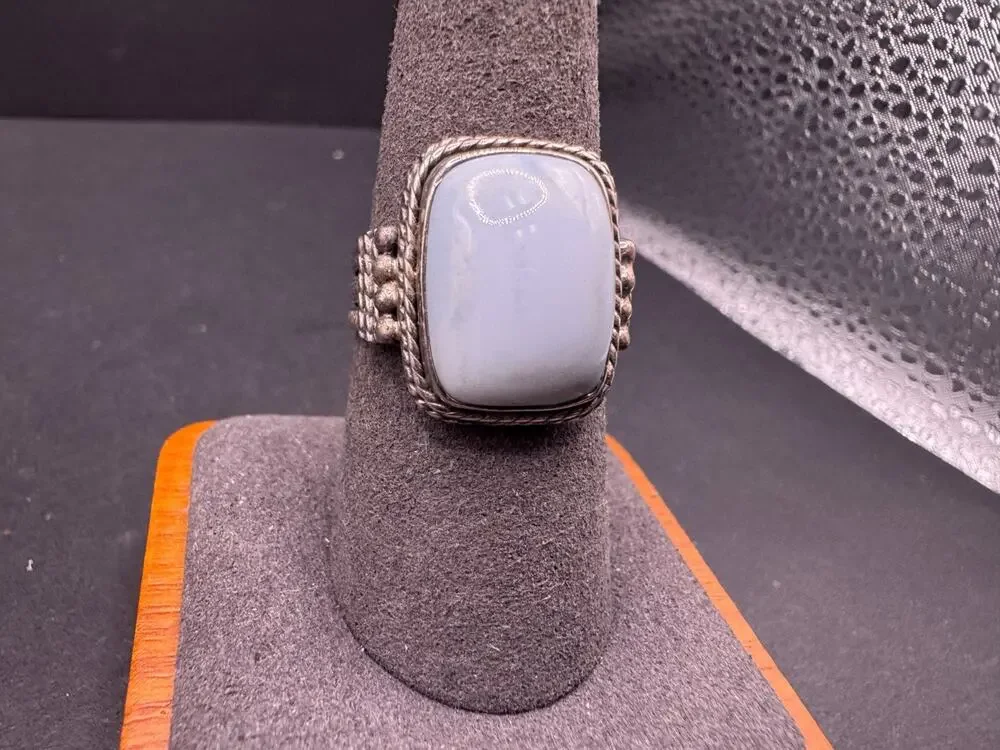 Vtg Southwestern 925 Sterling Silver Blue Chalcedony Ring Cushion Cabochon Sz 9